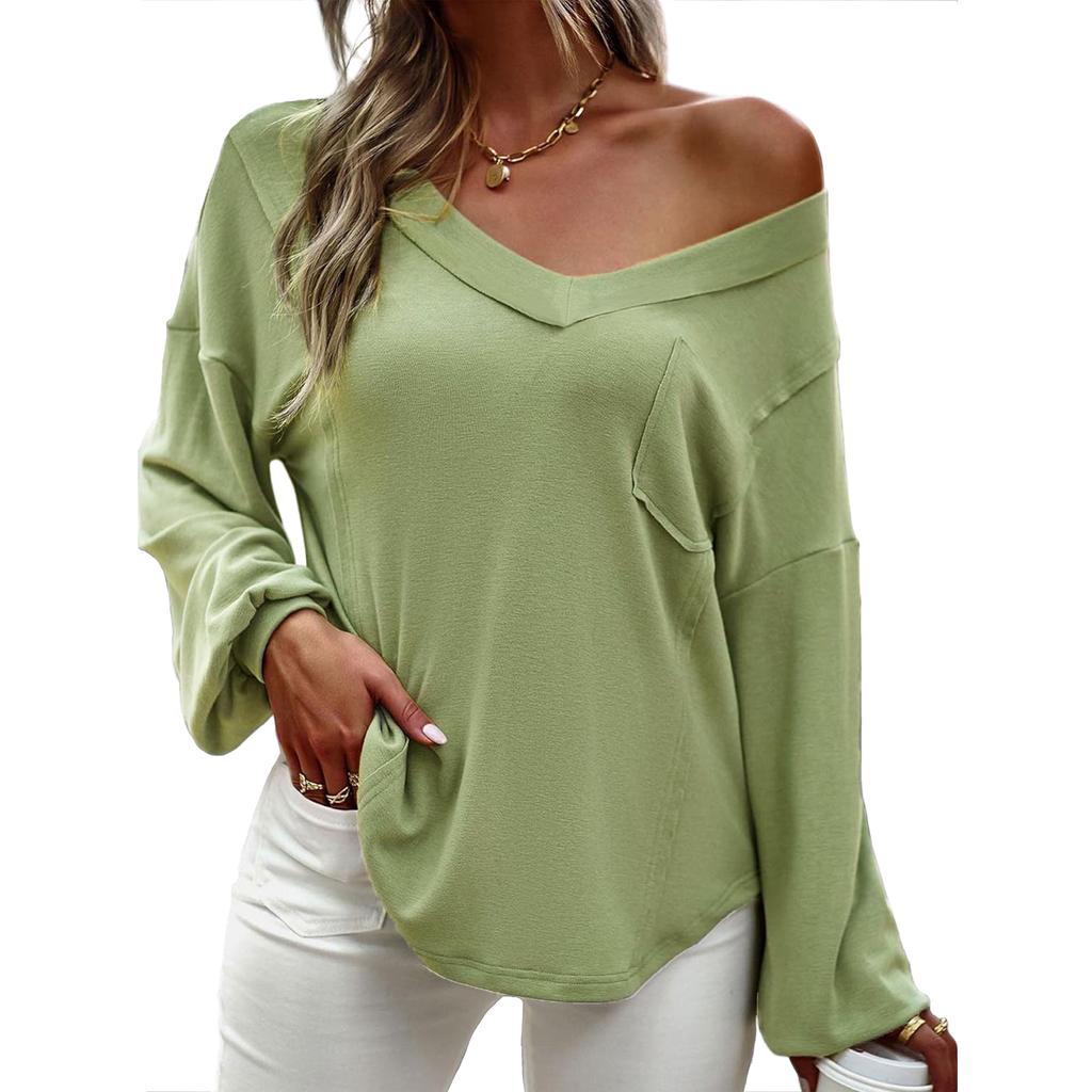Women's Autumn and Winter Solid Color V-neck Loose Long Sleeved T-shirt Top