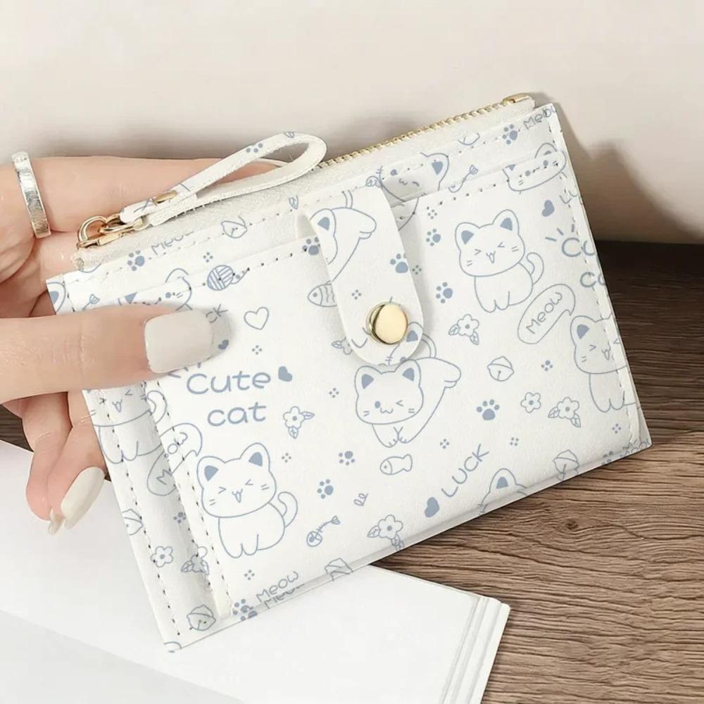 Cute Cat Ultra Thin Card Holder for Women, Lightweight Zipper Multi-Slot Wallet, Slim Card Case for Daily Carry