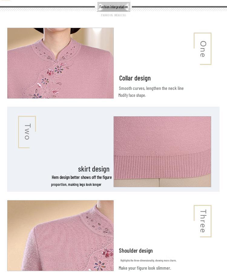 New Chinese Style Warm Fleece-Lined Qipao Collar Sweater for Middle-Aged & Elderly Women