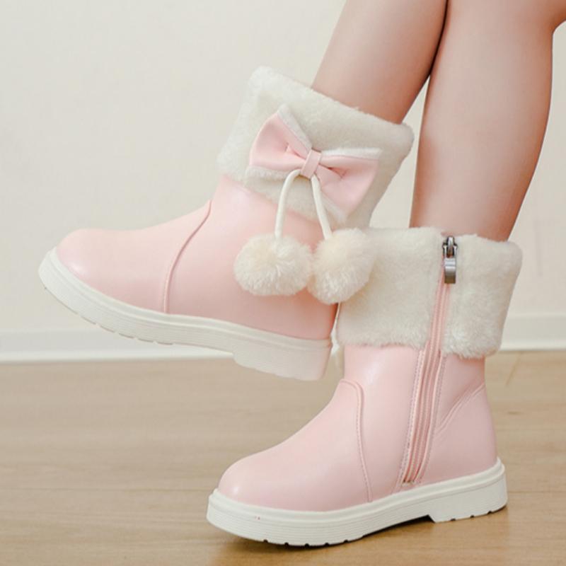 Children's snow boots, girls' leather short boots, winter velvet warm princess boots, medium to large children's and girls' cotton boots