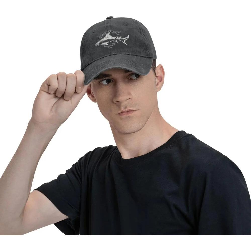 Cool Shark Black Vintage Distressed Adjustable Washed Denim Cotton Low Profile Mens Dad Trucker Hat Black Fitted Baseball