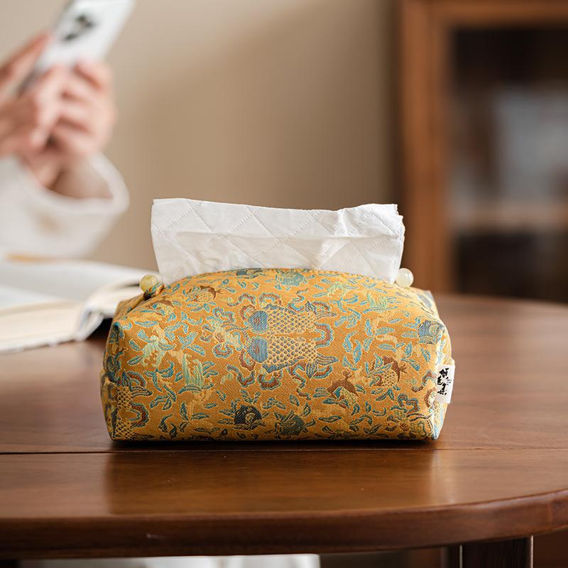 New Chinese Style Brocade Embroidered Tissue Box Cover, Elegant Decorative Tissue Holder for Living Room, Car & Home Tea Room