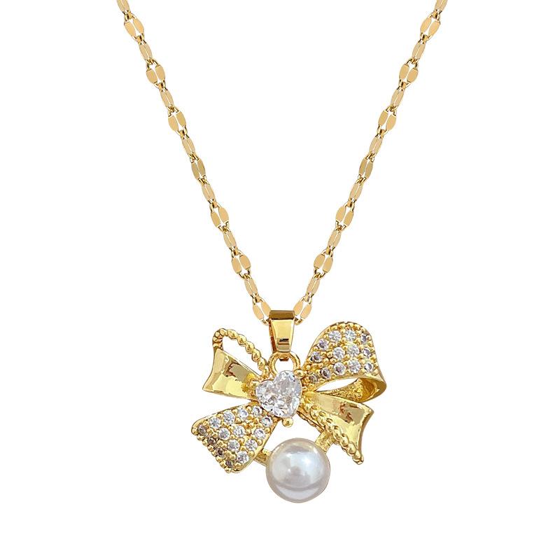 Necklace Earrings Set Light Luxury Full Diamond Bow Pearl Personality Temperament Banquet Earrings Necklace Group