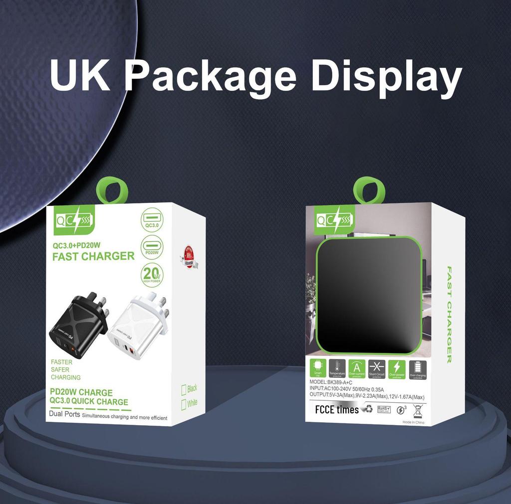 USB Travel Charger 5V/9V/12V with PD20W & QC3.0 Fast Charging - US/EU/UK Standard
