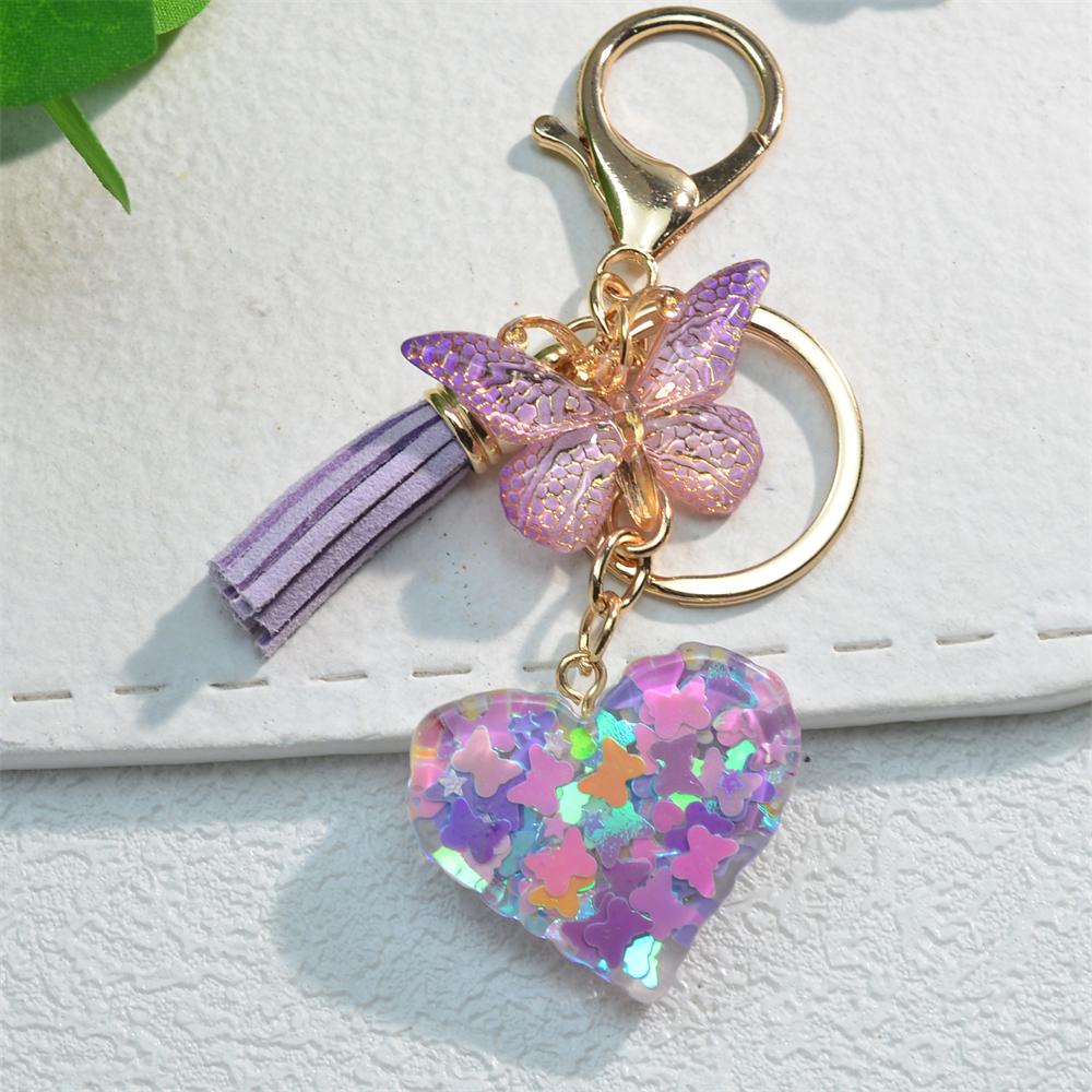 Exquisite Heart Charms Keychains With Butterfly Tassel Shiny Sequin Filled Resin Keyrings Women Bag Ornaments Car Trinket Gifts