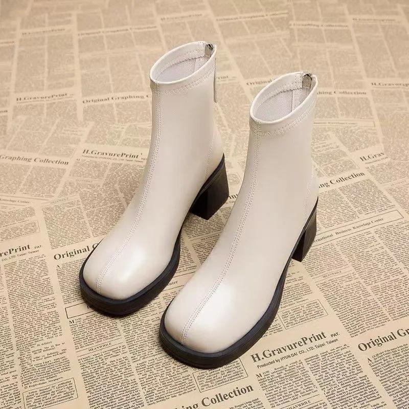 Madingi juodi moteriški ankle boots Madingi užtrauktukai gale Žemas kvadratinis kulnas Moteriški batai Neslystantis storas padas Laisvalaikio kasdienio nešiojimo batai