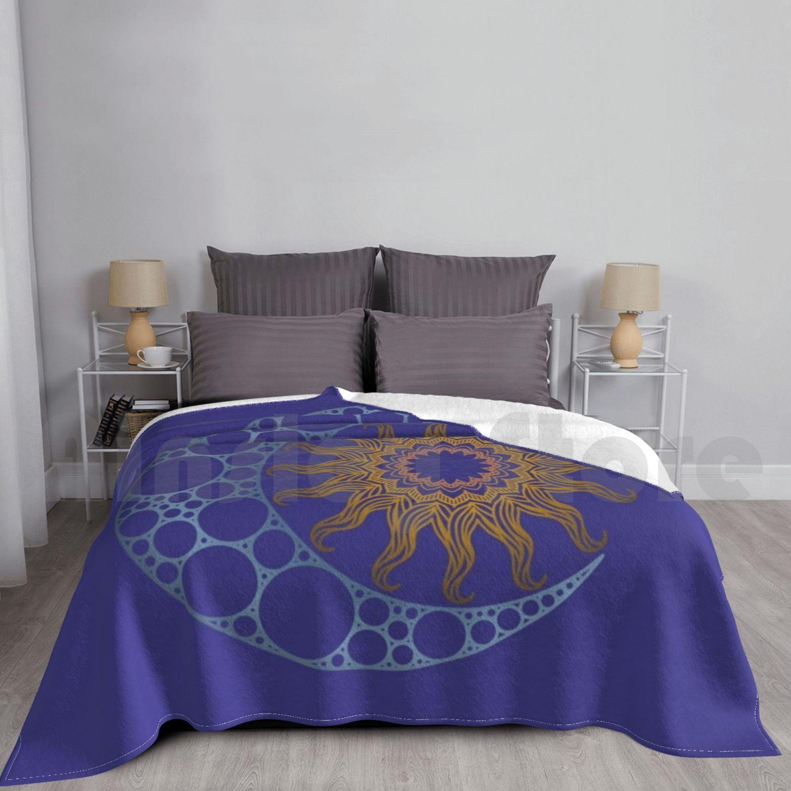 Mandala Sun And Moon ( Version 2 ) Blanket Fashion Custom Sun Moon Celestial Sky Night Blue Silver Gold Bronze Size: 75*100cm, Weight: 230 GSM