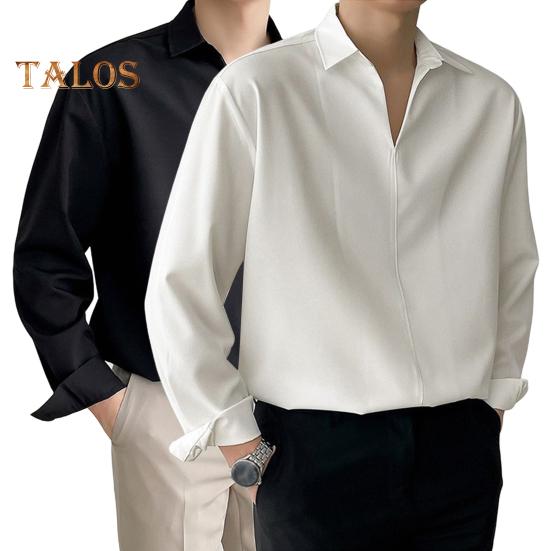 Herren Frühling Herbst Hemd V-Ausschnitt Revers Formales Bürohemd Seidig Locker Gerade Pullover Top Business Dating Party Hemd