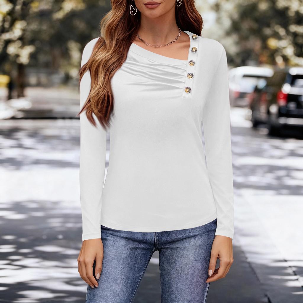 Women's Fashionable Casual Asymmetrical Collar Button T-shirt, Milk Silk Long-Sleeved Top