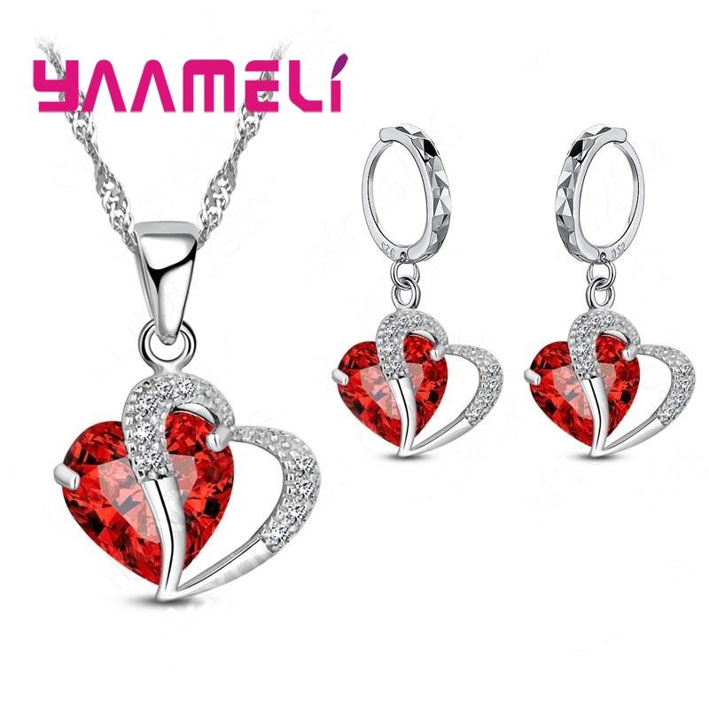 

Bridal Jewelry Set Heart CZ Crystal 925 Silver Color Pendant Necklace Earrings for Women Wedding Anniversary Gifts красный