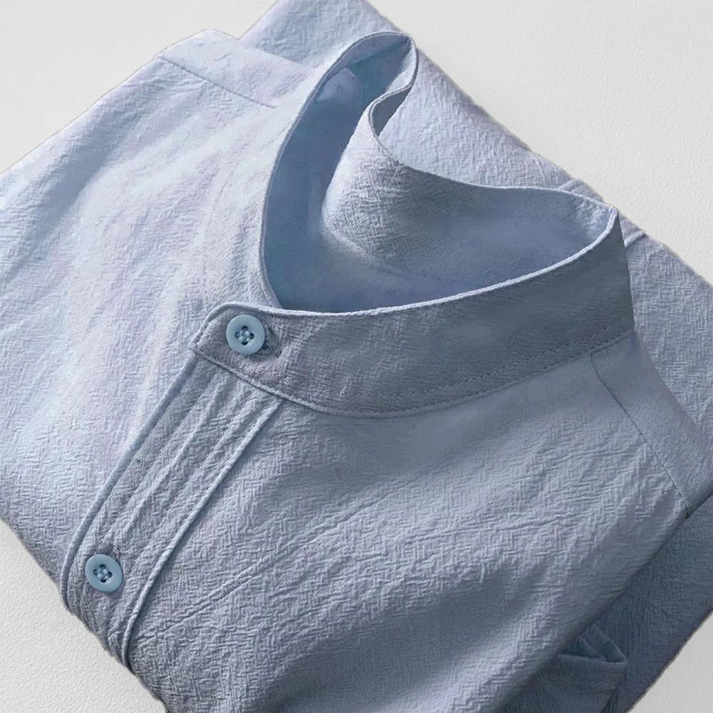 Classic Timeless Textured Cotton Linen Long Sleeve Shirt for Men Breathable Mandarin Collar Button Placket Casual Daily Vacation Tops In Solid Colors
