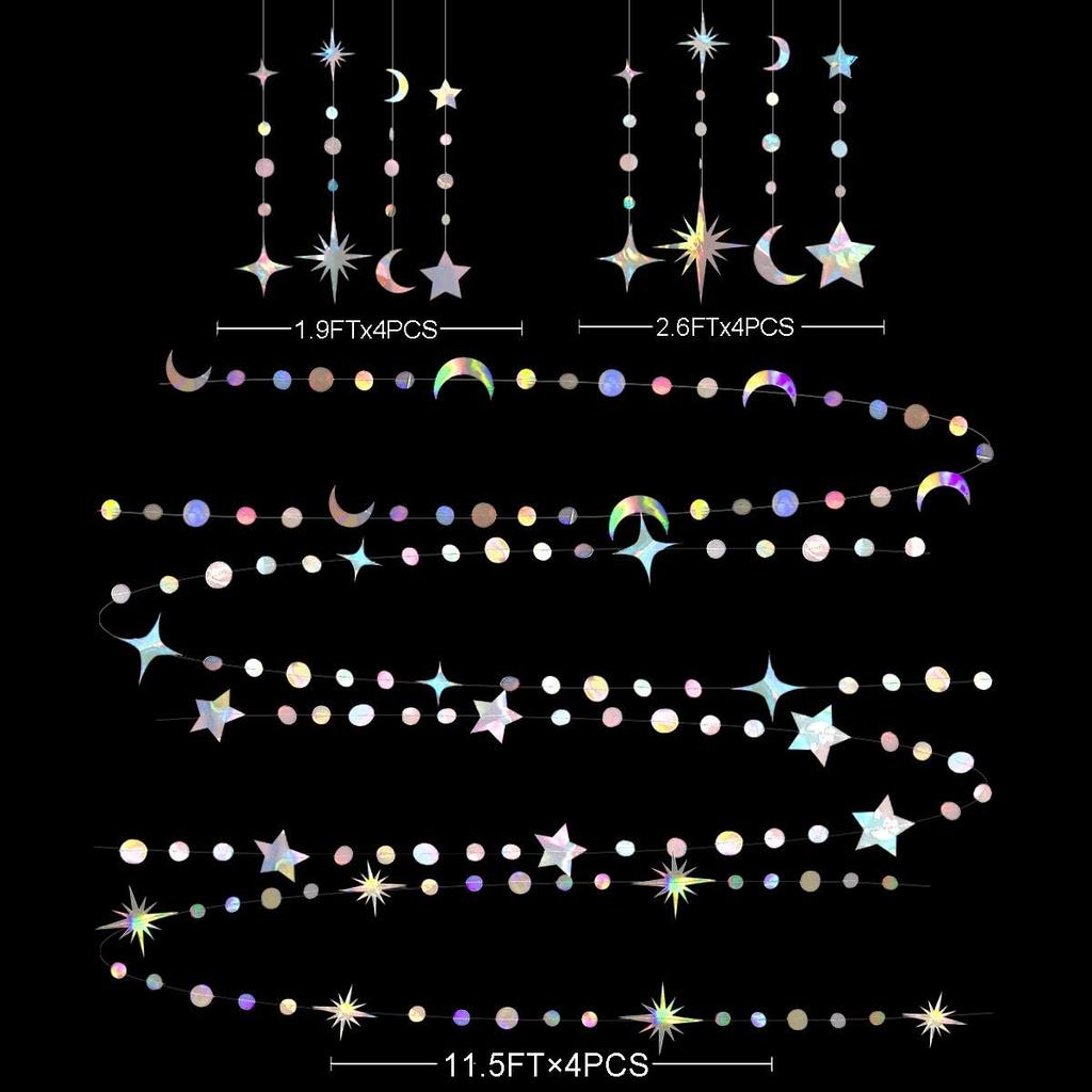 Iridescent Star Moon Circle Dot Garland Party Decoration Kit Hanging Crescent and Twinkle Little Star Streamer Bunting Banner for Kids First Birthday