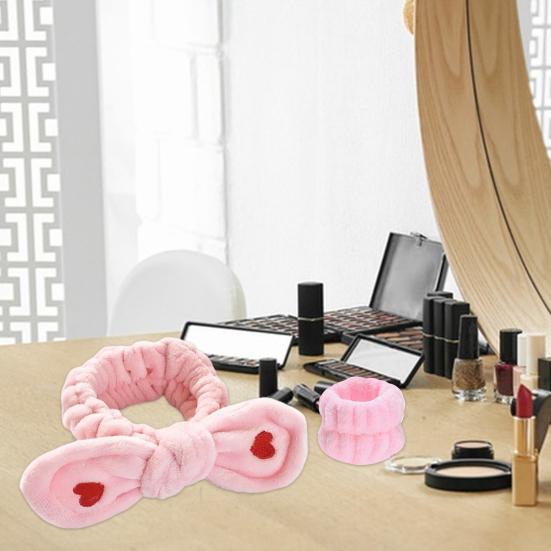 

Yousheng 2Pcs/Set Women Spa Headband Wristband Set Bowknot Decor Flannel Face Wash Shower Hairband Waterproof Wristband Set