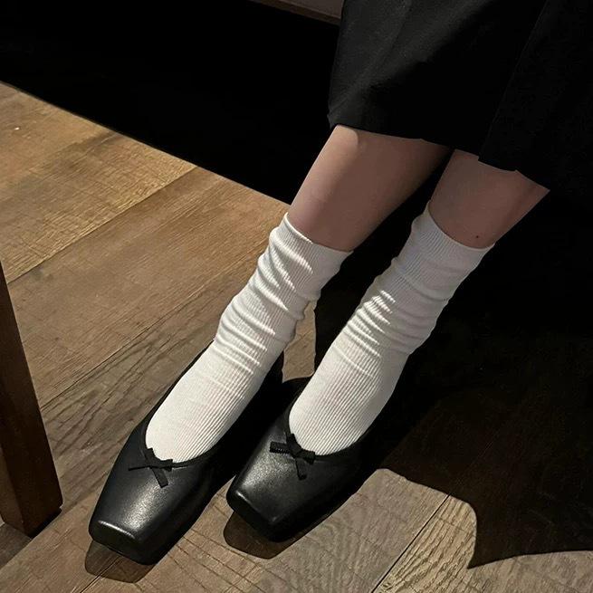 Genuine leather Korean version niche square toe shallow bow single shoes women's spring and autumn new versatile flat ballet shoes scoop shoes