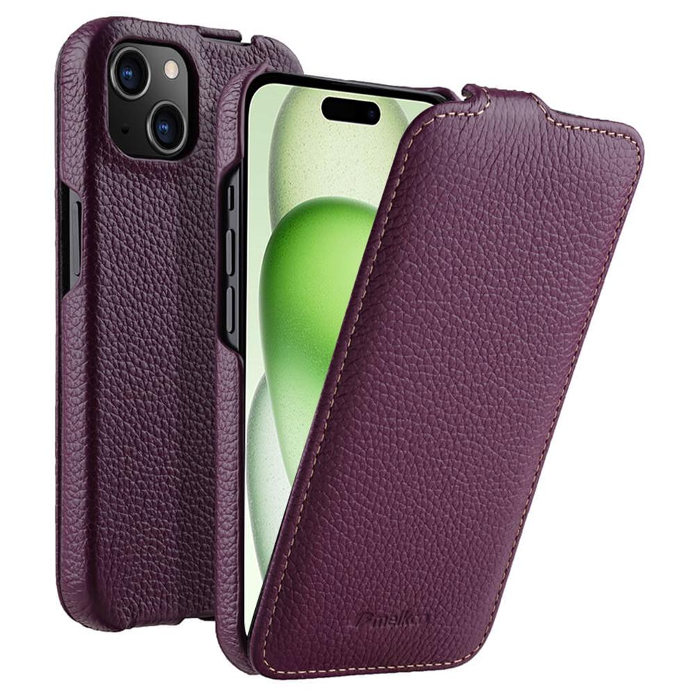 

MELKCO For iPhone 15 Case Anti-drop Vertical Flip Genuine Cow Leather+PC Cover Purple