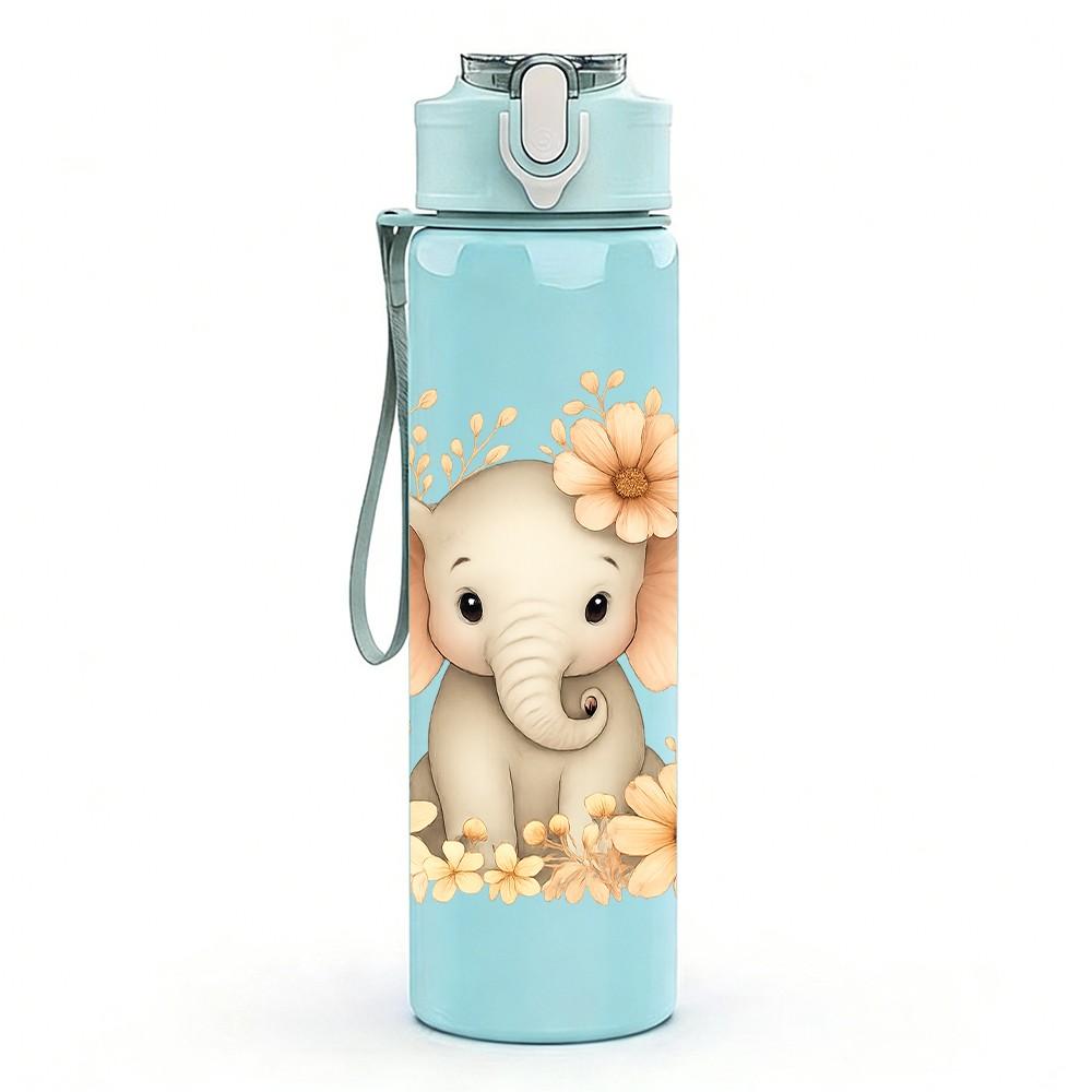 1PC Floral Baby Elephant Cartoon 750ml Color Plastic Sports Water Bottle Leakproof Flip Straw Lid Suitable for Sports Office Home Use