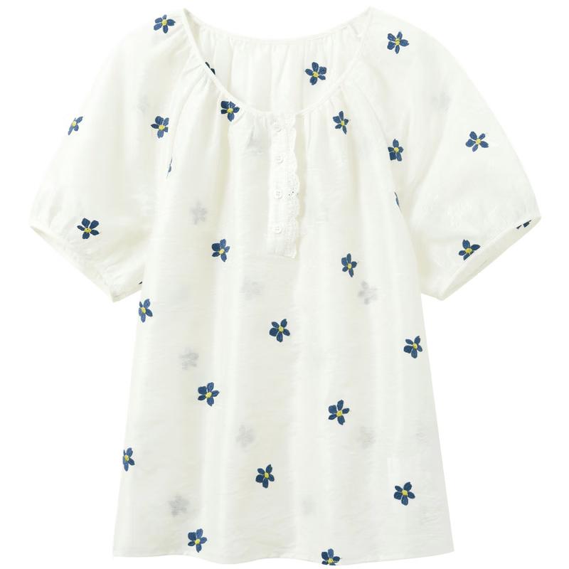 

San Cai Floral Embroidered Short Sleeve Blouse L