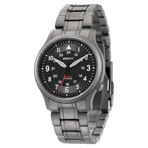 BERNY Titanium Watch Men's Titanium Watch Japan VH31 Sweep Second Quartz Movement 5ATM Water Resistant Super-Luminova Black
