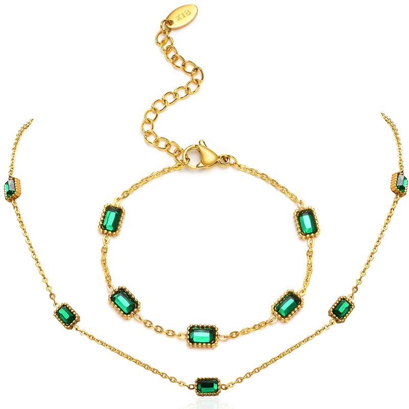 Chic Green Color CZ Stone Choker Necklaces for Women Jewelry, Gold Color Stainless Steel Chain Collar, Ladies Girls Party Gift