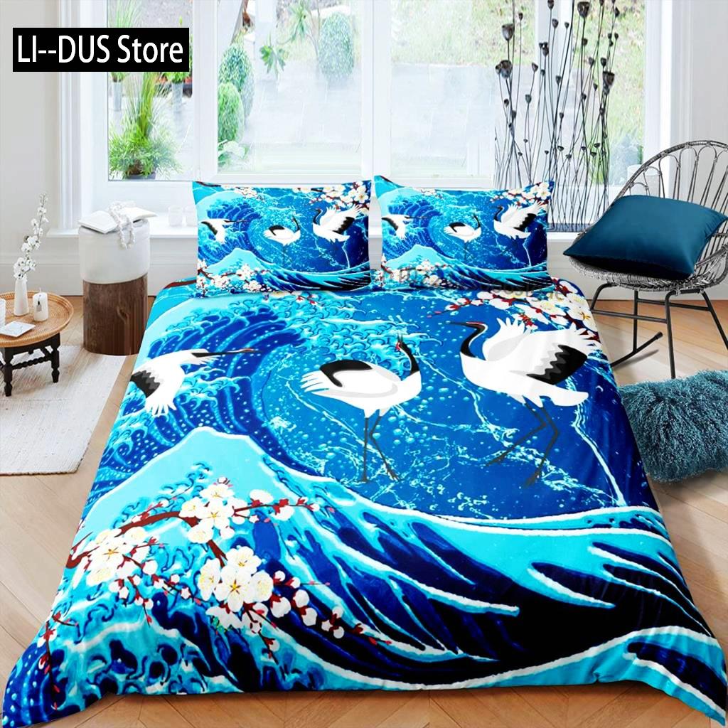 Comforter Crane Queen Size Japanese-Style Bedding Set Cherry Blossoms Pattern Women Girls Japanese Traditional