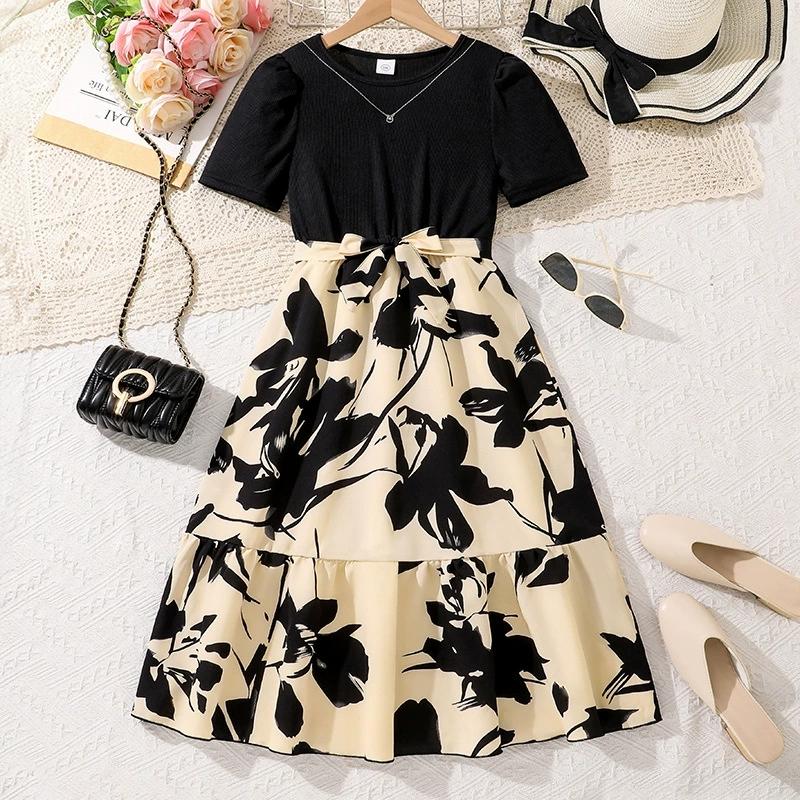 

Girl Short Sleeves Floral Print Dress Children Kid Casual Summer Beach Sundress Princess Dresses Clothes 9Y