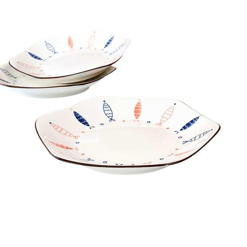 Mengyuan 4-Piece 8.5-Inch Hexagonal Porcelain Plate Set – Creative Underglaze Color Dishware.