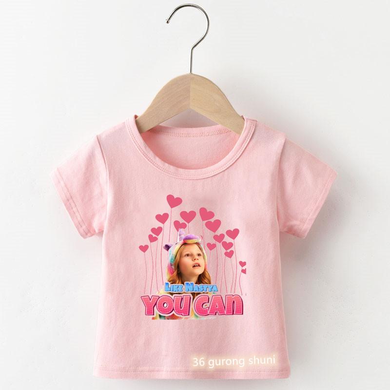 Nuova T-shirt Nastasja Girl Calda e Popolare, alla Moda Stampa Cartoon Estiva Rosa per Bambine