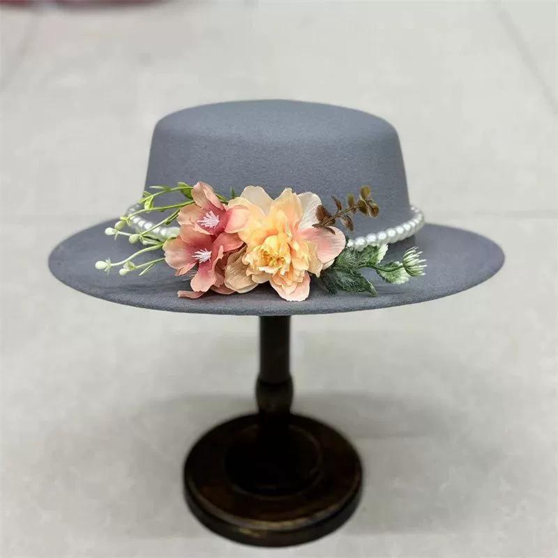 Dark Brown Faux Floral Felt Hat Wedding Hat Women'S Jazz Hat Panama French Elegant Felt Hat Somprero Mujer Chapeau Femme Luxe