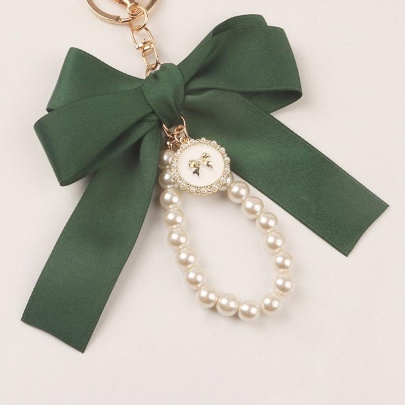 Elegant Pearl Chain Keychain with Large Ribbon Bowknot Pendant Stylish Keychain for Women and Girls Bag Decoration