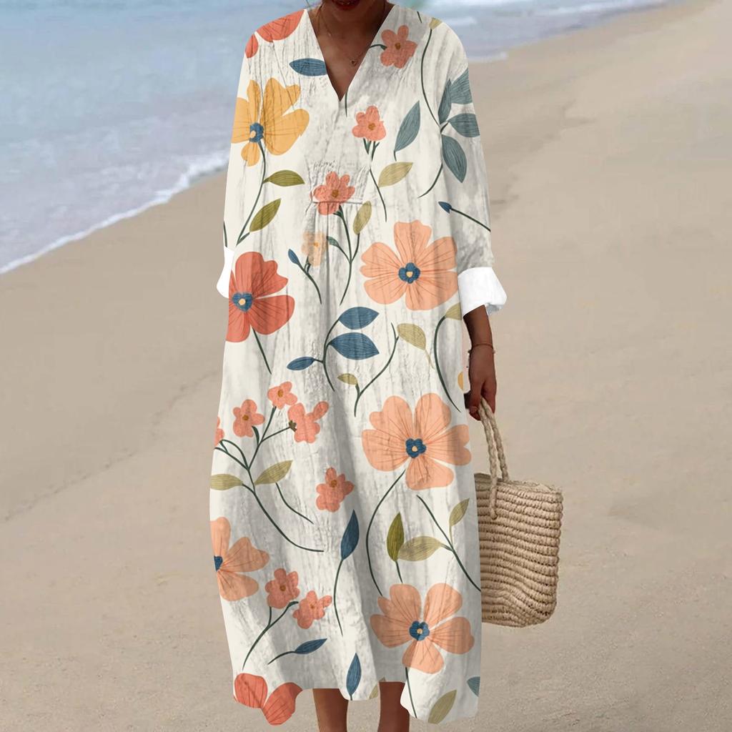 Kadın Günlük Moda V Yaka Uzun Kollu Çiçek Desenli Maksi Elbise