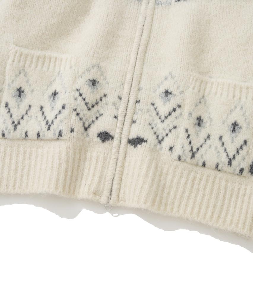 Knitted Bulky Wool Diamond Zip-Up Ivory
