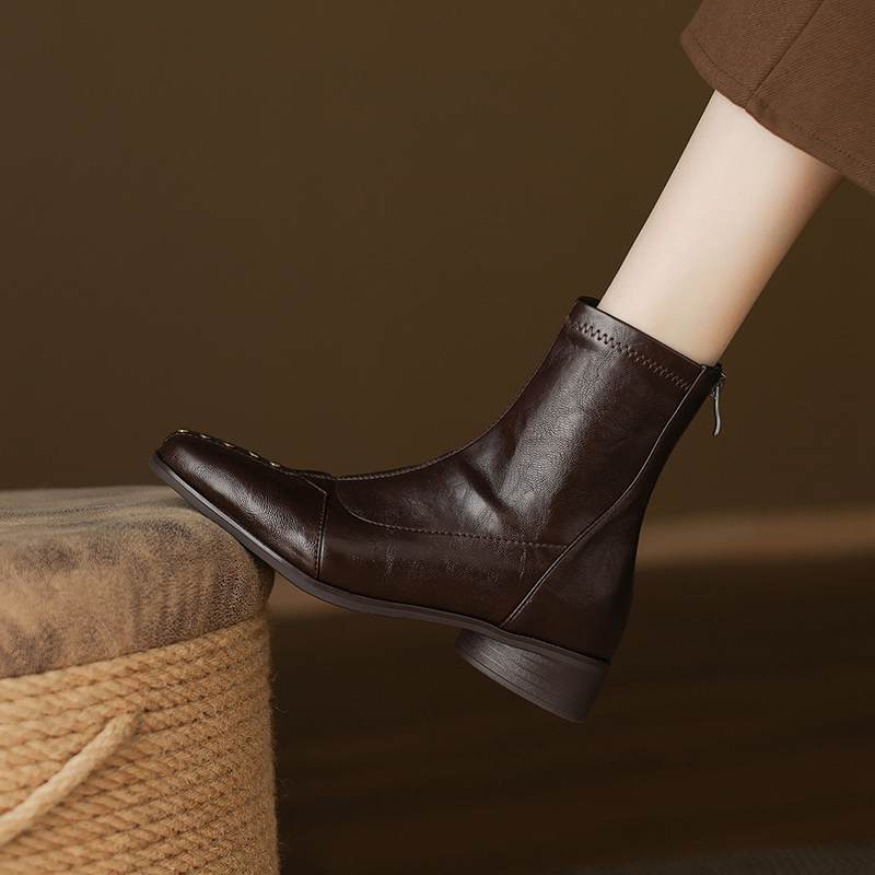 Krazing Pot Microfiber Winter Square Toe Modern Size 33 Boots Size 43 Metal Rivets Med Heels Zipper Women Ankle Boots