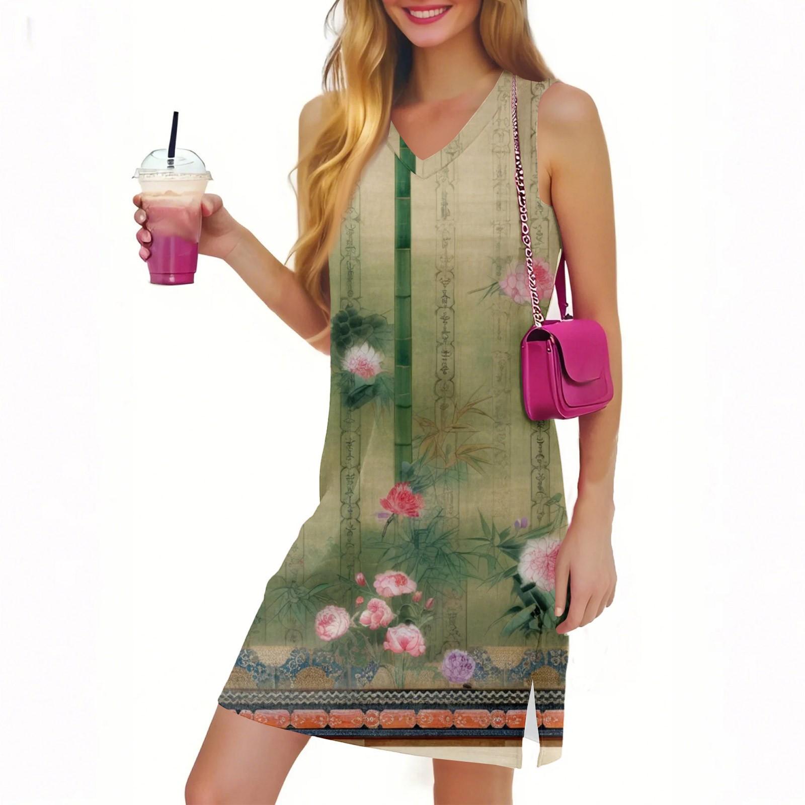 

Женское повседневное модное сексуальное платье без рукавов с V-образным вырезом и цветочным подолом L