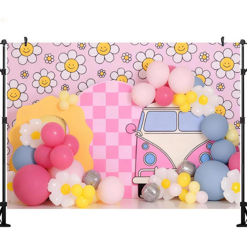 LS Spring Daisy Bus Backdrops Kids Baby Photography Props Child Adult Photocall Decors Flower Cake Smash Birthday Backgrounds