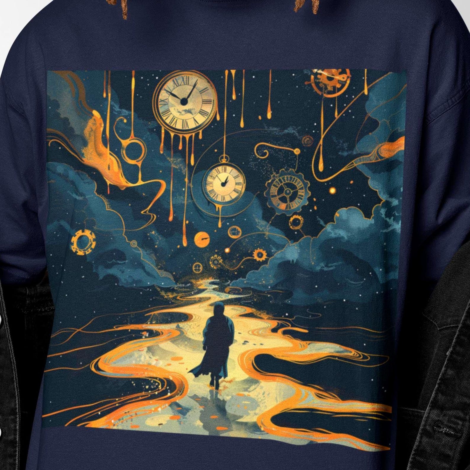 Surreal Time Traveler T-Shirt | Melting Clocks and Cosmic Road Graphic Tee | Dreamscape Art Shirt XL