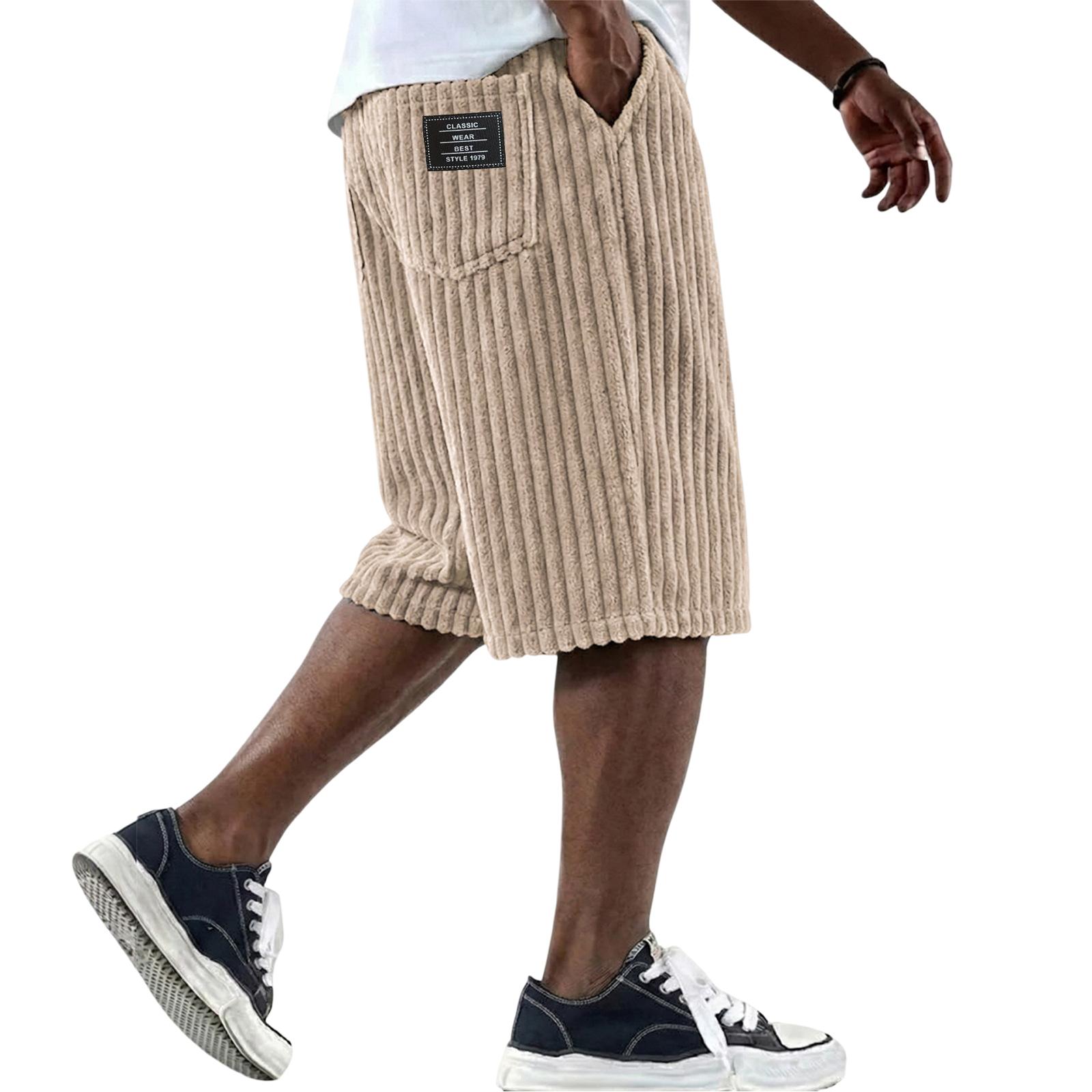 Herren lockere Sommer-Strand-Cordhose Bequeme gerade Beine Knielang Lässige Shorts mit aufgesetzter Tasche XL khaki