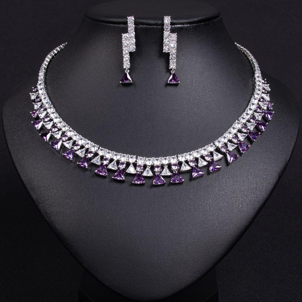 Women's Light Luxury Design Zircon Geometric Triangle Necklace Earring Set Fashionable And Versatile Niche Design Sense Set