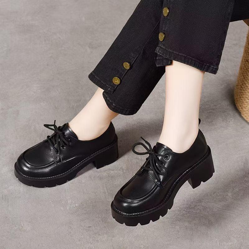 British style thick-soled lace-up small leather shoes autumn new non-slip, wear-resistant and heightening single shoes low-top shoes