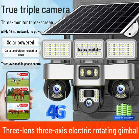 V380 Solar 4G Wireless HD Night Vision WiFi PTZ Battery Camera with Three Lenses