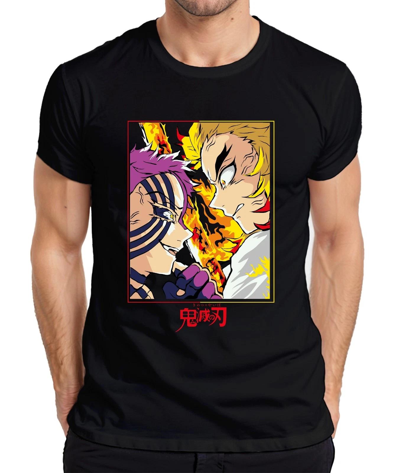 Demon Slayer Rengoku vs Akaza Flames Battle Anime Manga Gift Men s T-Shirt- L