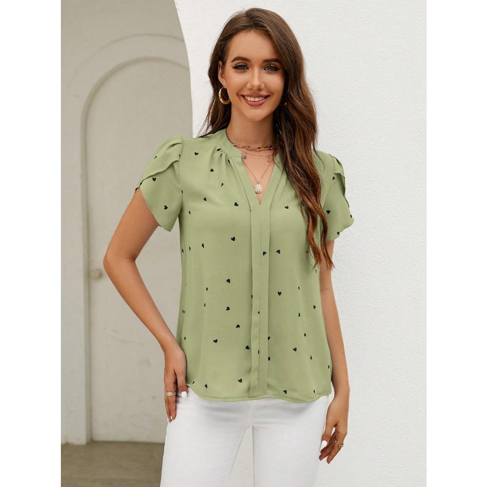 Summer new V-neck love petal pattern women's casual T-shirt top