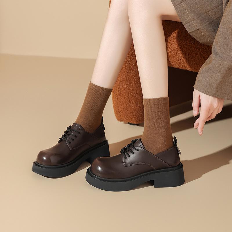 Augustine loafers women's 2025 new summer retro British style brown platform big head black small leather shoes