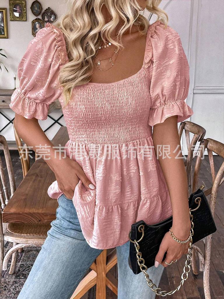 Women's Square Neck Puff Sleeve Blouse with Ruffle Hem in Multiple Colors
