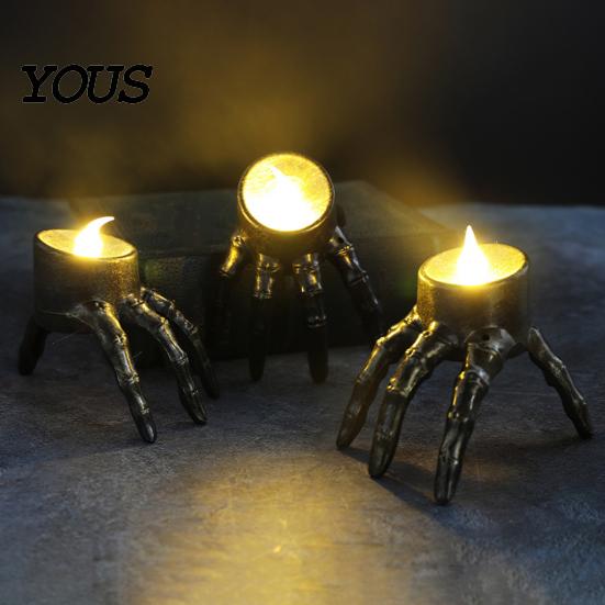 Realistic Pattern Votive Halloween Skeleton Hand Candle Light, Gothic Creepy Skull Hands Fake LED Prop for Haunted House Table Centerpiece, Entryway,