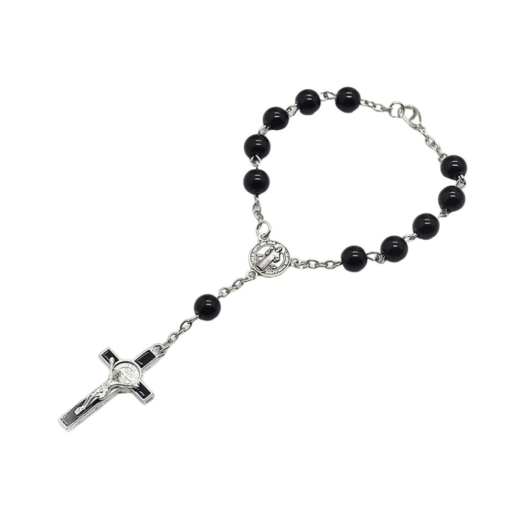 Fashion Simple Dangle Cross Bracelet Black Beads Jesus Pendant Bracelet for Women Anniversary Couple Jewelry Presents