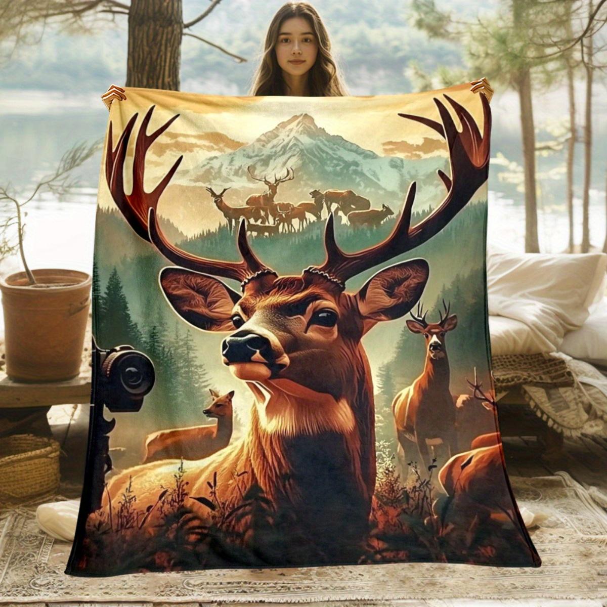 

1pc Deer Mountain Forest Wildlife Scene Fleece Blanket Nature Landscape Art Soft Throw for Outdoor Enthusiasts 75x100cm