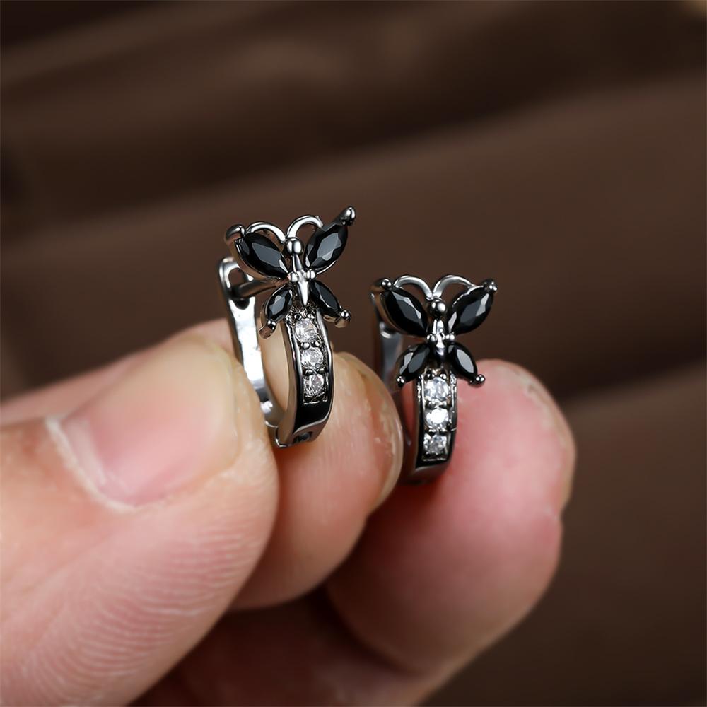 Vintage Black Zircon Cute Small Butterfly Hoop Earrings For Women Black Metal Color Ear Buckle Wedding Jewelry Versatile Gifts