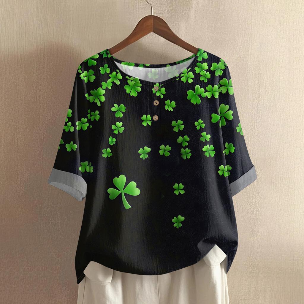 Women's Fashionable And Casual Shirt 3/4 Sleeve Round Neck Print Blouse Top