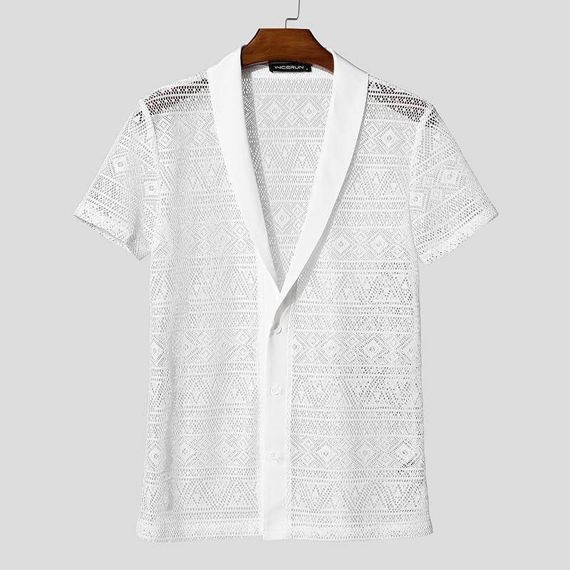 INCERUN Men V Neck Short Sleeve Mesh See Through Lace Summer T-shirts Tops XL белый