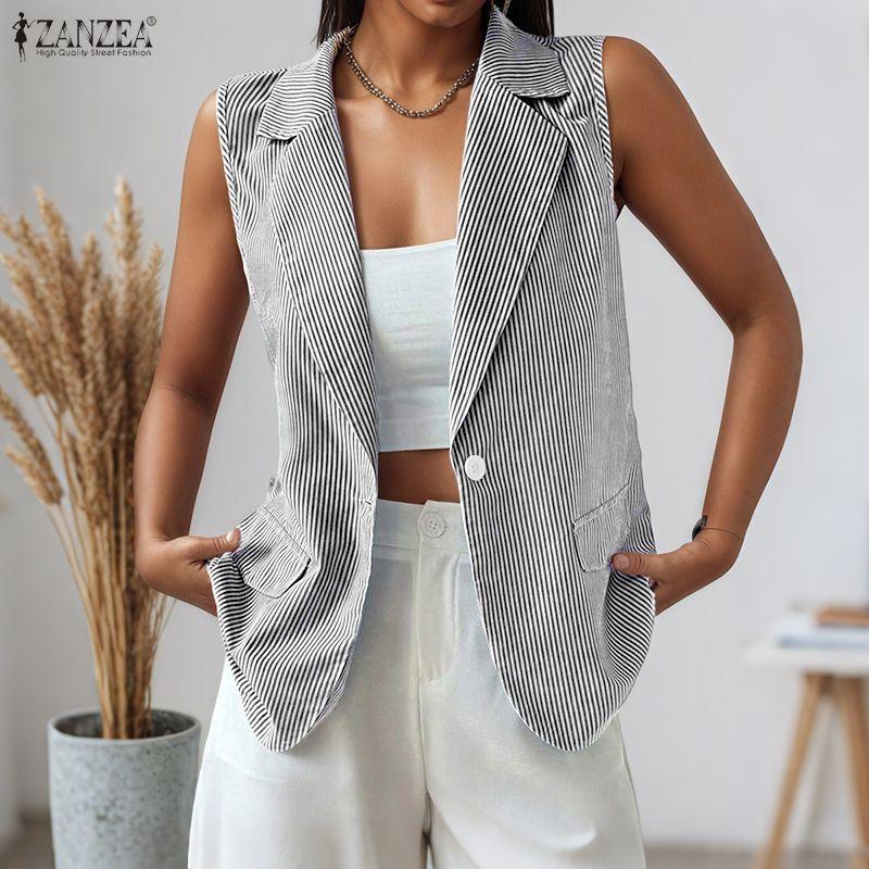 ZANZEA Women Casual Turn Down Collar Sleeveless Stripe Cardigan Vest